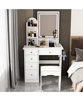 Famapy 5-Drawers White Makeup Vanity Sets Dressing Table Sets With Stool, Led Lighted Mirror, Power Strip and Hair Dryer Holder