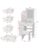 Famapy 5-Drawers White Makeup Vanity Sets Dressing Table Sets With Stool, Led Lighted Mirror, Power Strip and Hair Dryer Holder