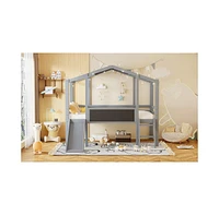 Slickblue Loft Bed with Ladder, Slide, Blackboard, and Roof Light Strip Fun House for Kids