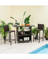 Sugift 3 Pieces Outdoor Wicker Bar Set with 3 Rows Stemware Racks