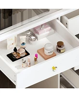 Homsee White Makeup Vanity Desk 9 Drawers Wood Dressing Table With 3 Mirrors, Glass Top, Hidden Storage Shelves, Led Lighted