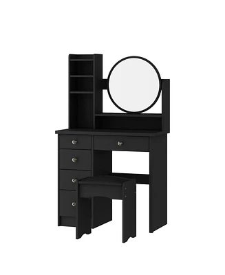 Famapy 5-Drawers Black Makeup Vanity Sets Dressing Table Set with Stool, Mirror and Storage Shelves Girls Dressing Table