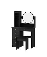 Famapy 5-Drawers Black Makeup Vanity Sets Dressing Table Set with Stool, Mirror and Storage Shelves Girls Dressing Table