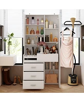 Famapy White Makeup Vanity Desk Wood Dressing Table With Sliding Top, Full-Length Mirror, Hidden Shelves, Drawers, Led Lights