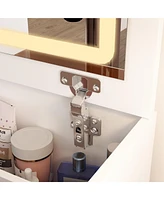 Famapy White Makeup Vanity Sets Dressing Chest with Flip-top Mirror, 3-Drawers, See-Through Glass Top, Led Lights and Stool