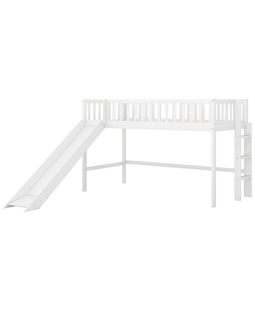 Slickblue Twin Size Low Loft Bed with Ladder and Slide Fun Space-Saving Solution for Kids