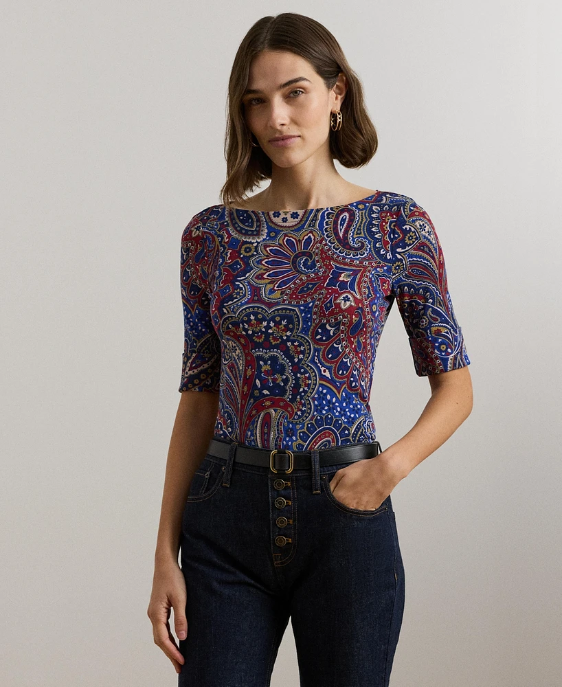 Lauren Ralph Women's Paisley Stretch Cotton Boatneck Tee