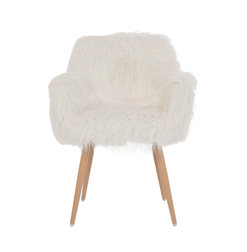 Slickblue White Faux Fur Upholstered Makeup Chair and Side Dining Chair with Metal Legs for Stylish Seating