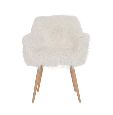 Slickblue White Faux Fur Upholstered Makeup Chair and Side Dining Chair with Metal Legs for Stylish Seating