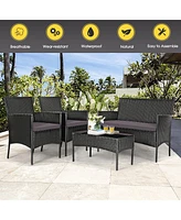 Sugift 4 Pieces Patio Rattan Cushioned Sofa Set with Tempered Glass Coffee Table-Grey & Off White