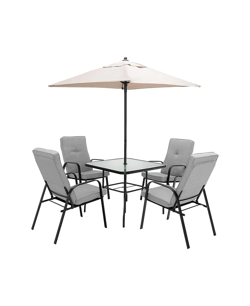 Sugift 6 Pieces Patio Dining Set with Umbrella and Stackable Cushioned Chairs