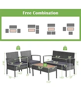 Sugift 4 Pieces Rattan Patio Conversation Furniture Set with Acacia Wood Tabletop