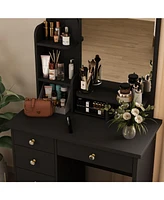 Famapy 5-Drawers White Makeup Vanity Table Wooden Dressing Desk With Mirror and 3-Tier Storage Shelves