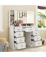 Homsee White Makeup Vanity Table Dressing Desk 3-Mirrors,Led Lighted, 9-Drawers, Hidden Storage Shelves, Carved Metal Handles