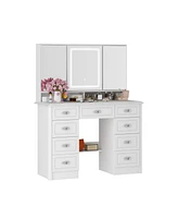 Homsee White Makeup Vanity Table Dressing Desk 3-Mirrors,Led Lighted, 9-Drawers, Hidden Storage Shelves, Carved Metal Handles