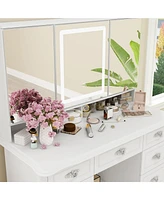 Homsee White Makeup Vanity Table Dressing Desk 3-Mirrors,Led Lighted, 9-Drawers, Hidden Storage Shelves, Carved Metal Handles