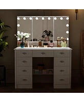 Famapy White Makeup Vanity Table Dressing Desk W/3-Mirrors,Lighted Mirror, Drawers, Hidden Storage Shelves Carved Metal Handles