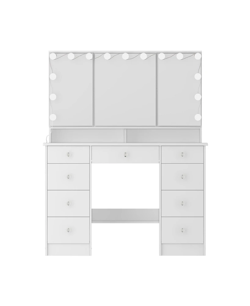 Famapy White Makeup Vanity Desk 9 Drawers Wood Dressing Table With 3 Led Bulb Light Mirrors, Glass Top, Hidden Storage Shelves