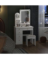 Homsee 5-Drawers Pink Makeup Vanity Sets Dressing Table Sets with Stool, Mirror, Led Light and 3-Tier Storage Shelves