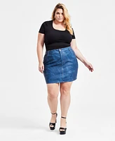 Bar Iii Trendy Plus Denim Faux-Leather Mini Skirt, Exclusively at Macy's