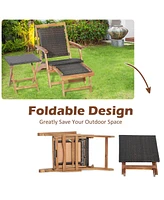 Inolait 2 Pieces Patio Rattan Folding Lounge Chair with Acacia Wood Table