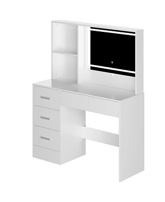 Famapy 5-Drawers White Wood Makeup Vanity Table Dresser Sets Dressing Desk with Led Mirror and Open Shelves