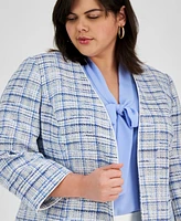 Kasper Plus Tweed Piping-Trim Open-Front Blazer