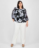 Kasper Plus Floral Blouson-Sleeve Blouse