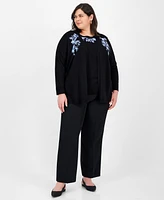 Kasper Plus Embroidered Open-Front Cardigan