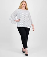 Kasper Plus Polka-Dot Ruffle-Sleeve Blouse