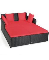 Sugift Spacious Outdoor Rattan Daybed with Upholstered Cushions and Pillows