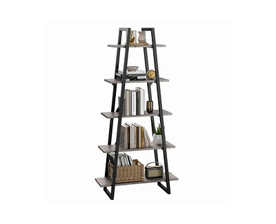 Garmin Bookshelf 5 Tier Industrial Wood, Tall Open Rustic Etagere Bookcase Ladder, Standing Display Shelves for Home Living Room Bedroom Office