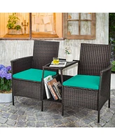 Sugift Rattan Patio Conversation Set Cushioned with Glass Table