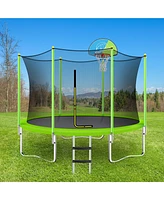 Slickblue 10FT Trampoline for Kids with Safety Enclosure Net, Basketball Hoop and Ladder, Easy Assembly Round Outdoor Recreational Trampoline