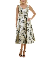 Taylor Women's Floral Jacquard V-Neck Belted Dress