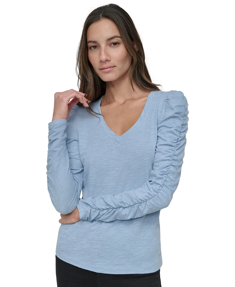 Dkny Jeans Petite Ruched Puffed Long-Sleeve Top