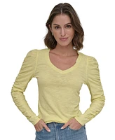 Dkny Jeans Petite Ruched Puffed Long-Sleeve Top