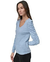 Dkny Jeans Petite Ruched Puffed Long-Sleeve Top