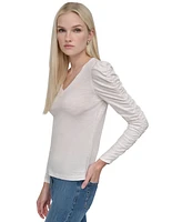 Dkny Jeans Petite Ruched Puffed Long-Sleeve Top