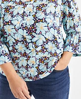 Style & Co Plus Printed Smocked-Trim 3/4-Sleeve Top