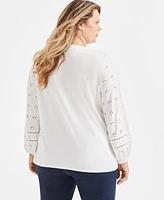 Style & Co Plus Split-Neck Eyelet-Trim Top, Exclusively at Macy's