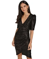 Calvin Klein Women's Sequined Ruched Puff-Shoulder V-Neck Dress