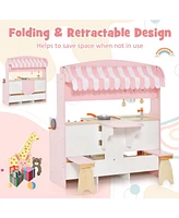 Gouun Double-Sided Kids Play Kitchen Set with Canopy and 2 Seats