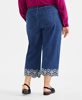 Style & Co Plus Embroidered-Hem Wide-Leg Cropped Jeans, Exclusively at Macy's