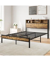 Slickblue Full Size Bed Frame with Storage Headboard, Metal Platform with Charging Station & Bookcase, Black