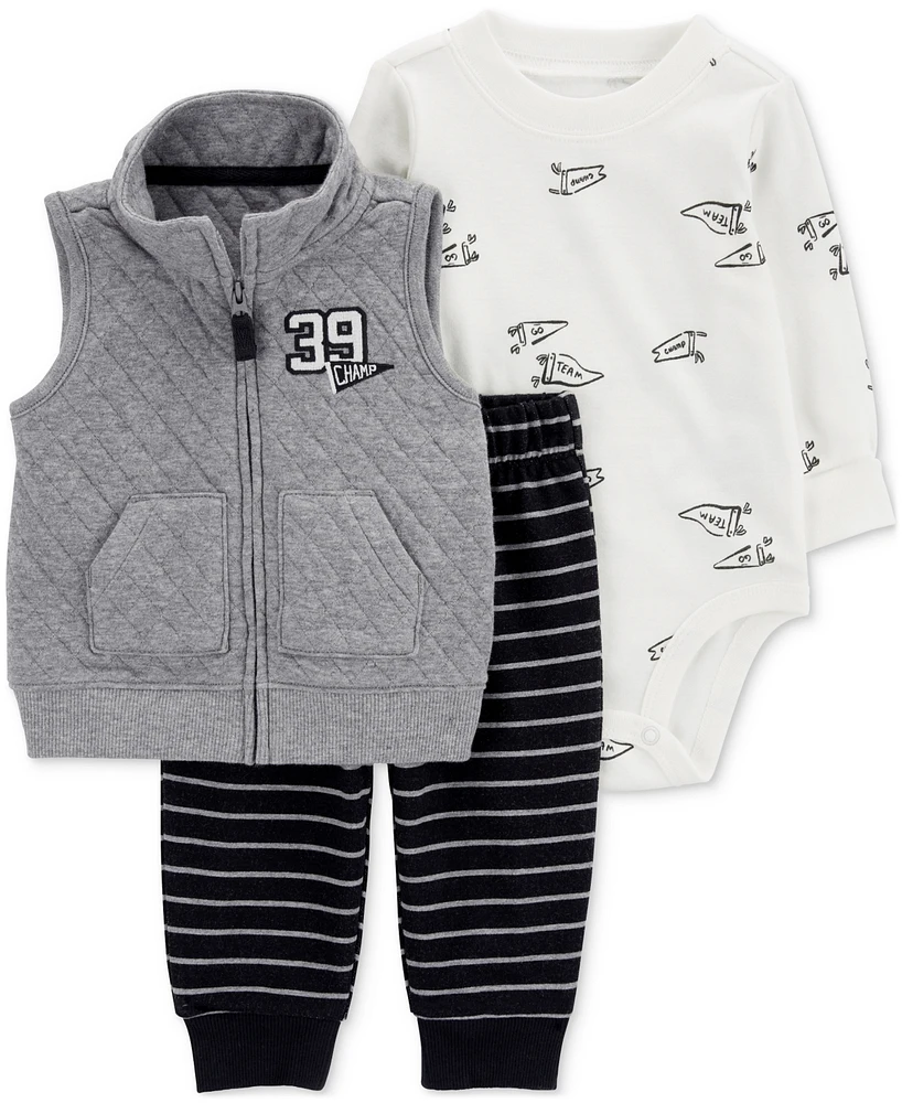 Carter's Baby Boys Quilted Sports Little Vest, Bodysuit & Striped Pants, 3 Piece Set