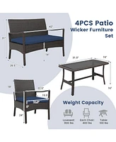 Sugift 4 Pieces Rattan Conversation Set with Tempered Glass Coffee Table