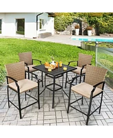 Sugift 5 Pieces Outdoor Rattan Bistro Bar Stool Table Set with Cushions