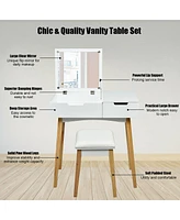Sugift Wooden Vanity Table with Flip Top Mirror and Cushioned Stool