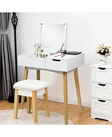 Sugift Wooden Vanity Table with Flip Top Mirror and Cushioned Stool